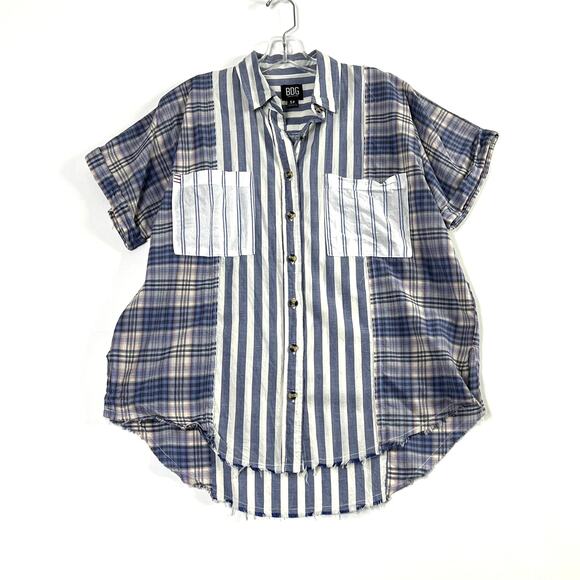 BDG Stevie Spliced Button Down Shirt Short Sleeve Relaxed Blue Womens Small - Picture 1 of 12